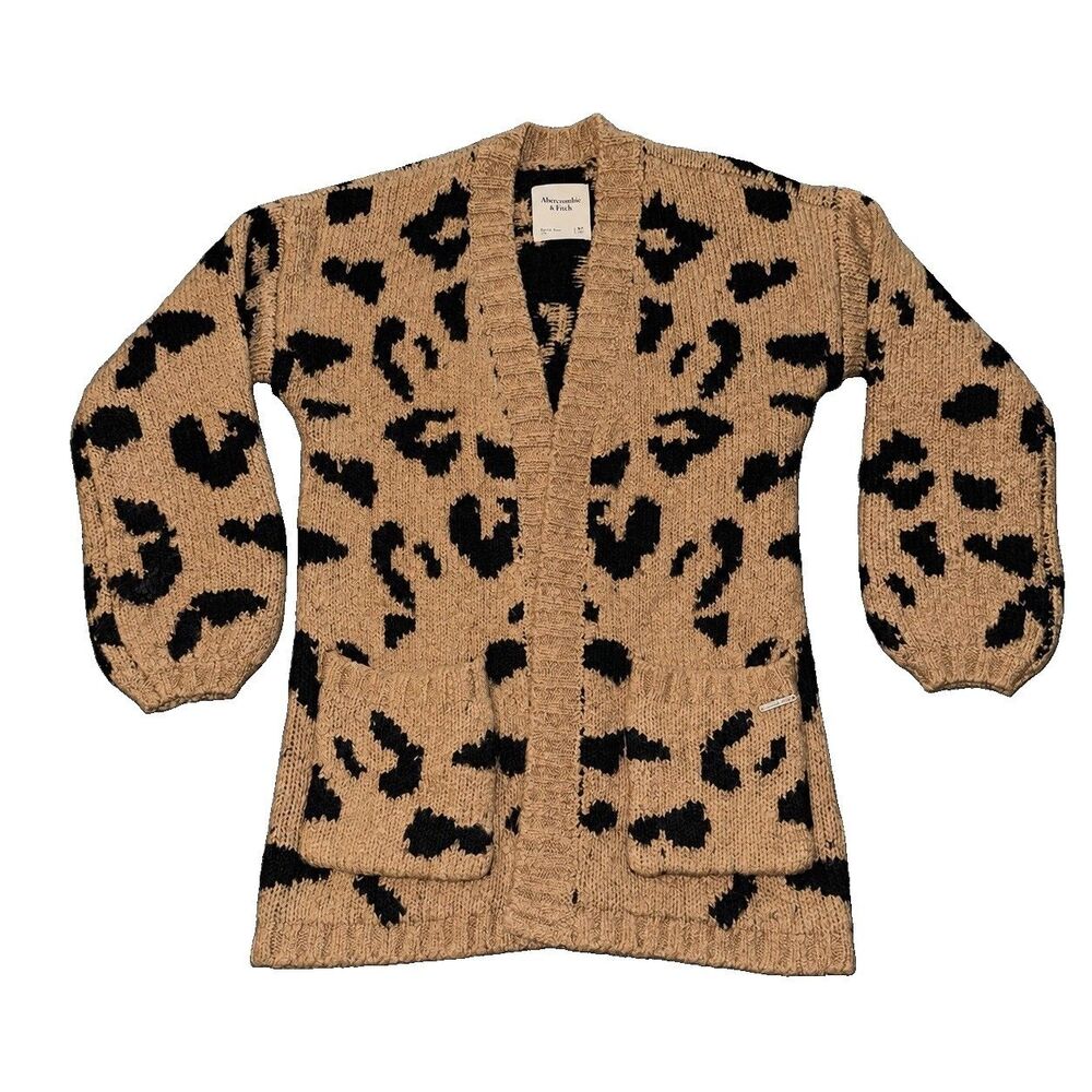 Abercrombie & Fitch Cardigan Womens XS Tan Black Leopard Wool Blend Open Front - Picture 3 of 8